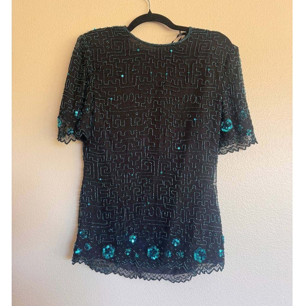 Scala Vintage Beaded 100% Silk Evening Top M Black Teal Sequin NYC Party Fairy